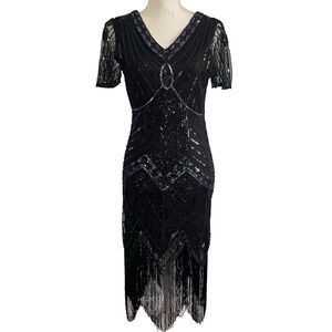 JICAGOM Black blue Sequin Fringe Hem Flapper Dress Women’s XS